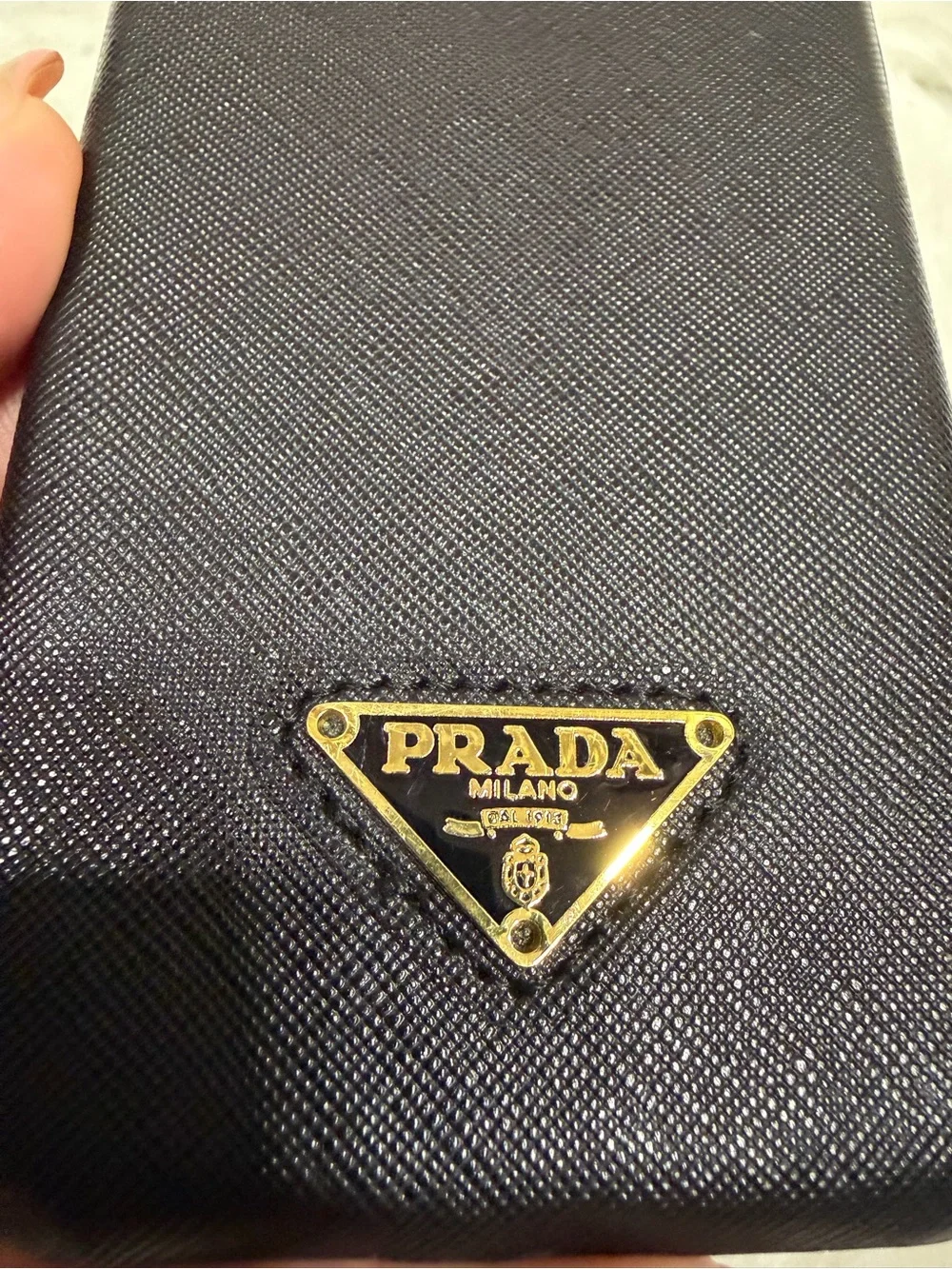 Prada Black Textured Leather Phone Case with Gold Logo Plaque